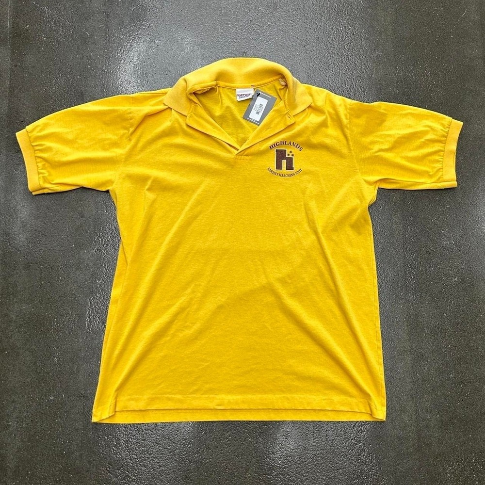 Vintage 80s Highlands Marching Band Hartwell Size XL Yellow Polo Tee Shirt